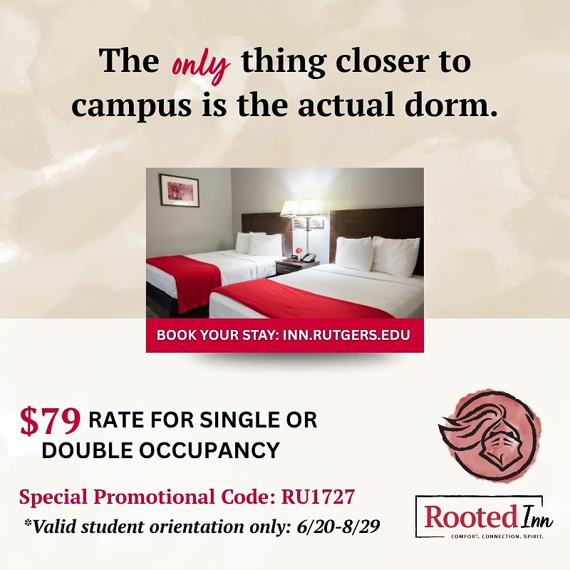 The image is an advertisement for Rooted Inn offering a $79 rate for single or double occupancy with a special promotional code for student orientation, claiming proximity to the campus.