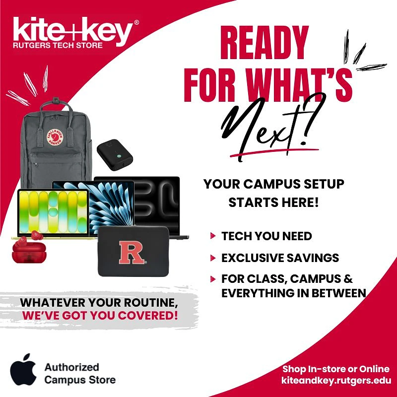 This image is an advertisement for the Kite+Key Rutgers Tech Store, showcasing various tech products and promoting their campus setup solutions.