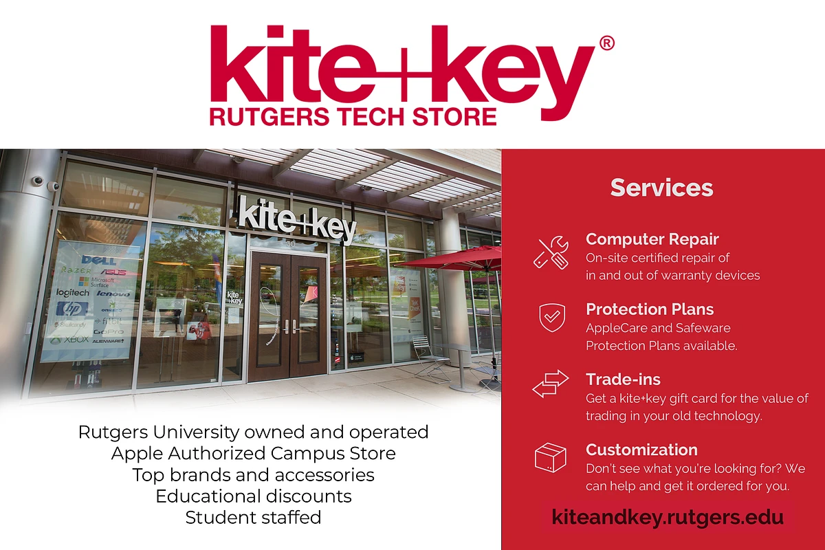 The image features the storefront and services of Kite+Key, Rutgers University's tech store offering computer repair, protection plans, trade-ins, and customization.