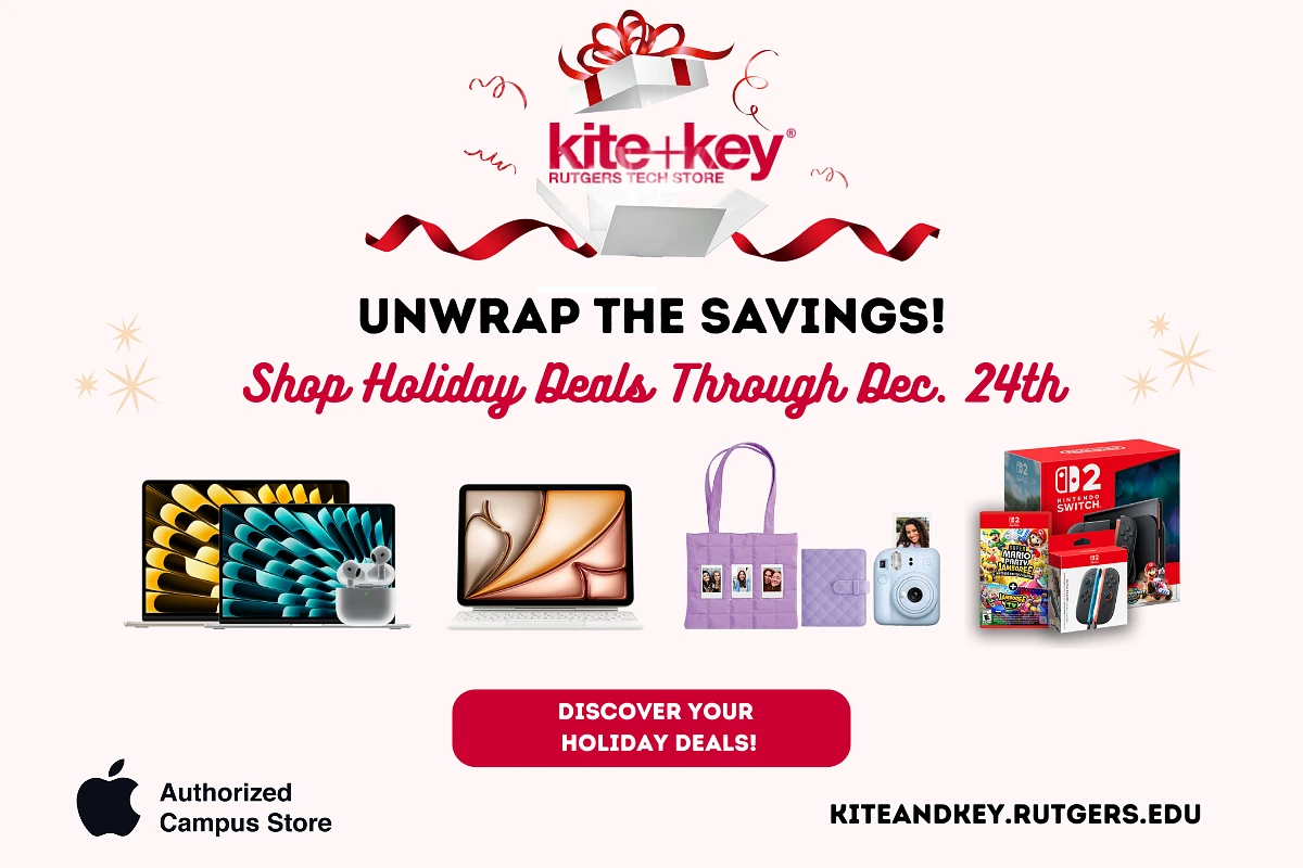 The image is an advertisement for holiday deals at Rutgers Tech Store, featuring various tech products and a call to "Unwrap the Savings" until December 24th.