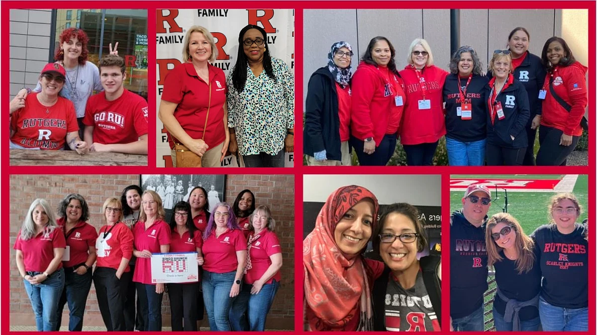 The image is a collage of groups of people wearing Rutgers-themed clothing, smiling and posing for photos together.
