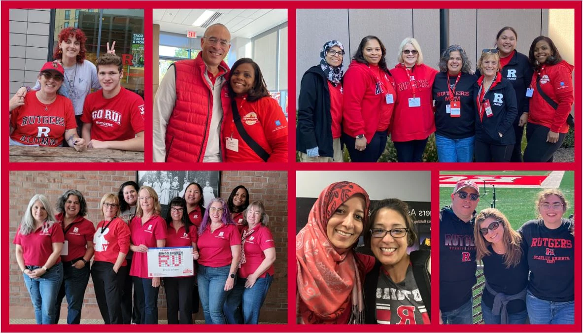 A collage of people wearing Rutgers-themed clothing, posing happily in various group photos.