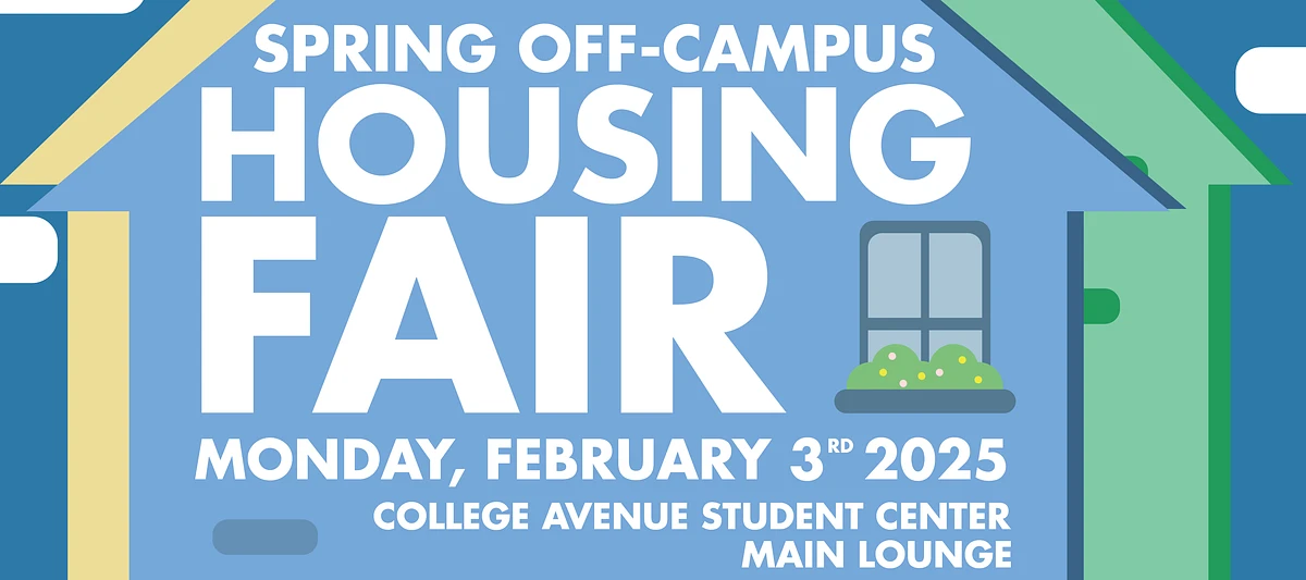 The image is a promotional graphic for the Spring Off-Campus Housing Fair taking place on February 3, 2025, at the College Avenue Student Center Main Lounge.