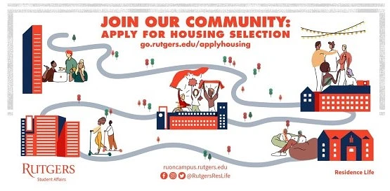 The image is a promotional advertisement for Rutgers University housing selection, featuring illustrations of campus life and community.